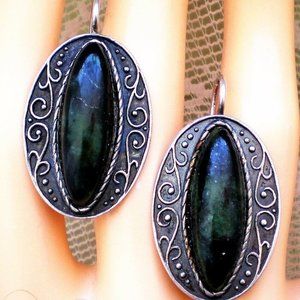 LARGE Antique Vintage Russian USSR Silver 875 Nephrite Jade Dangle Drop Earrings